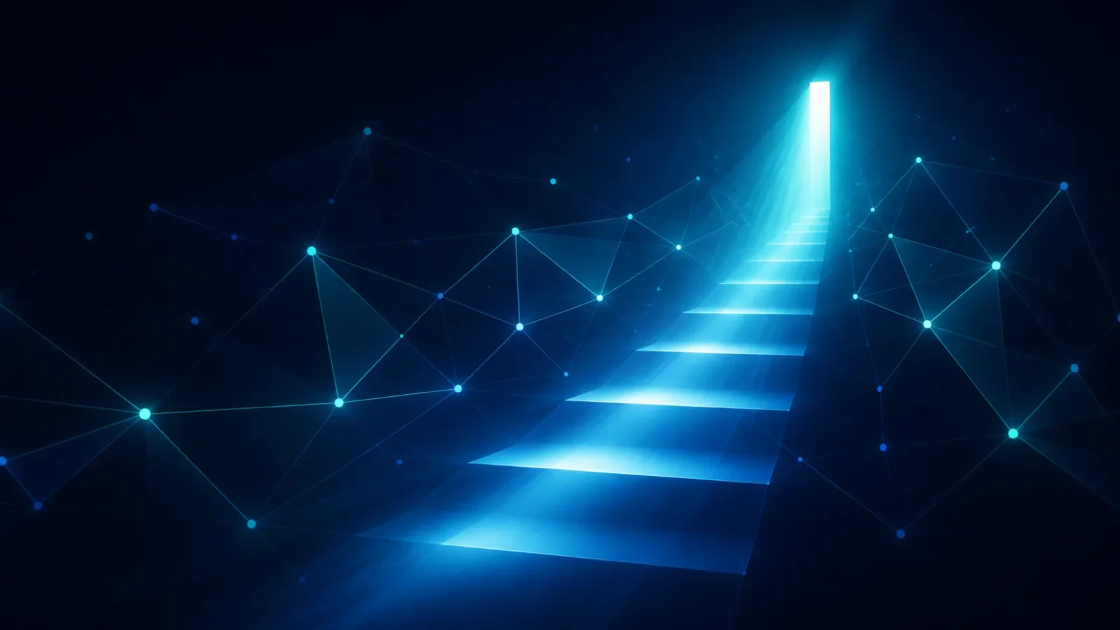 Abstract editorial visual for entry-level cybersecurity job hunting: soft navy and teal network paths opening into a narrow doorway motif, no text or logos