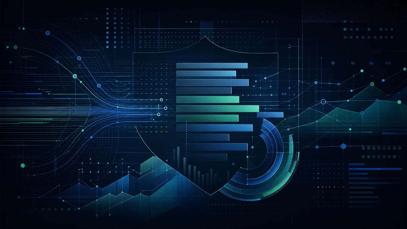 Abstract cybersecurity data visualization with role-volume bars, network lines, and salary-analysis motifs in blue and green