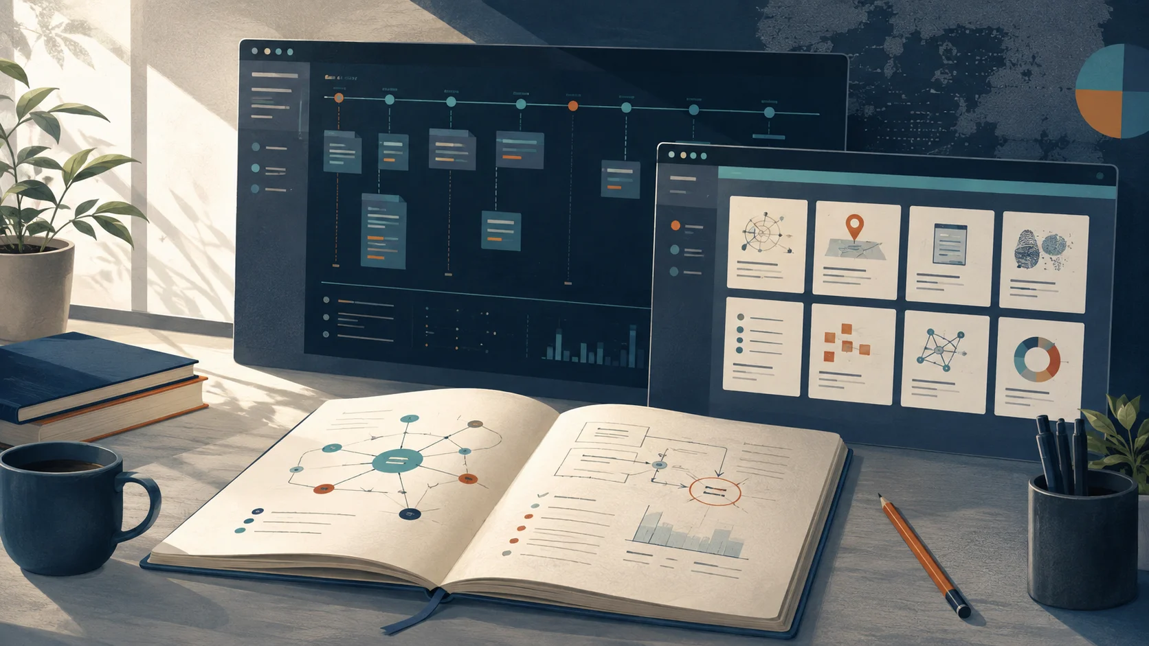 Editorial illustration of investigation notes and an event timeline on a desk