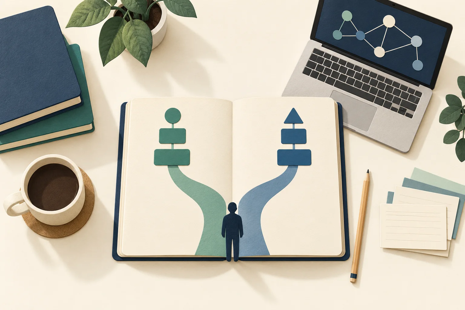 Two study paths drawn in a notebook beside a laptop and study materials.