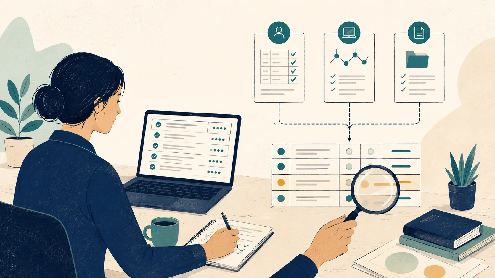 Illustration of an analyst reviewing account records and documents, with a magnifying glass highlighting an unresolved item