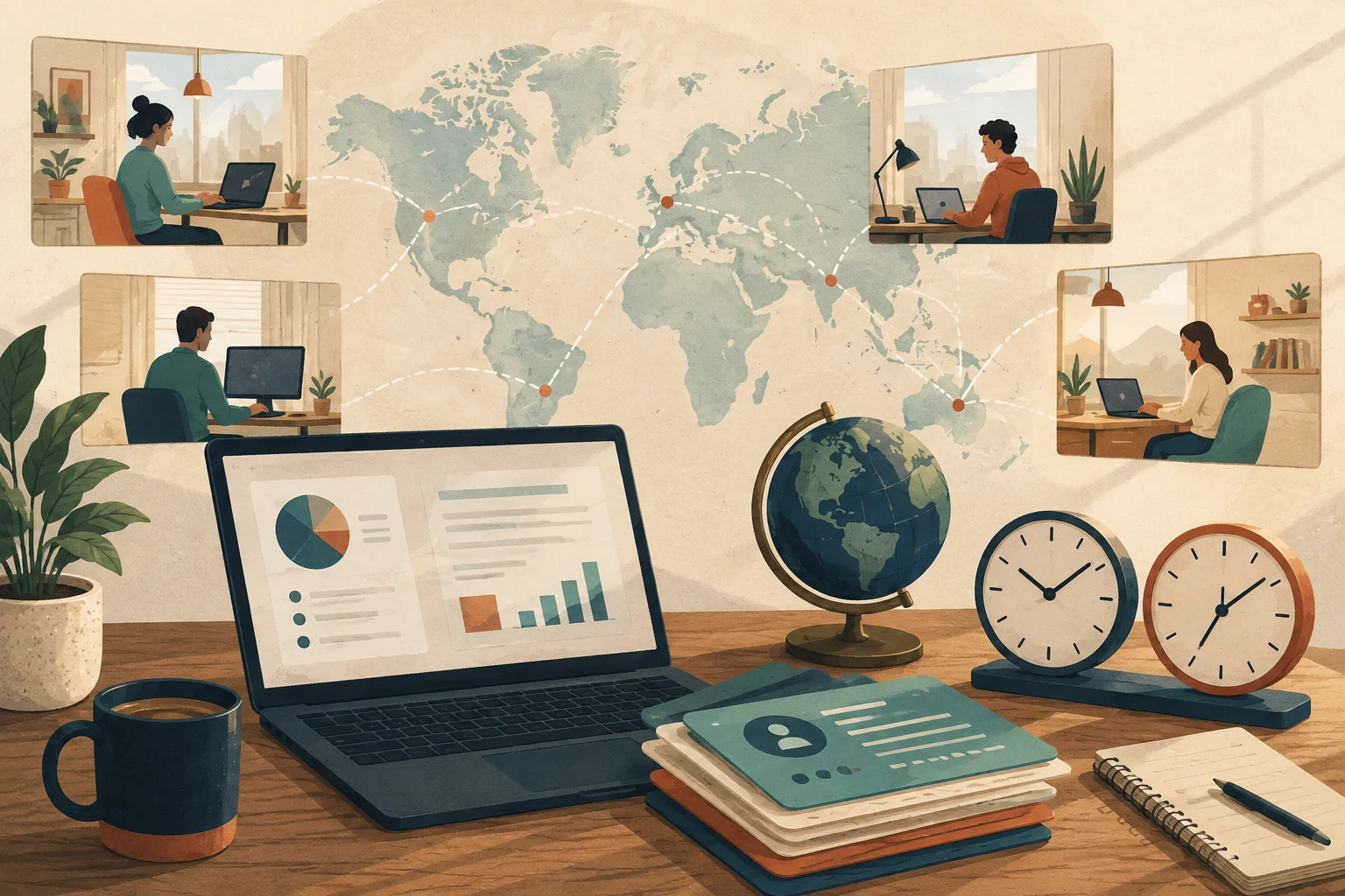Illustration of remote workers, a laptop, opportunity cards and clocks connected across a world map