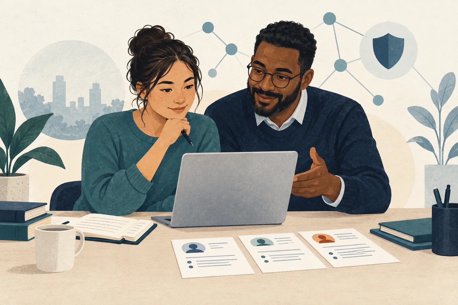 Illustration of an apprentice and mentor reviewing a laptop beside application notes.