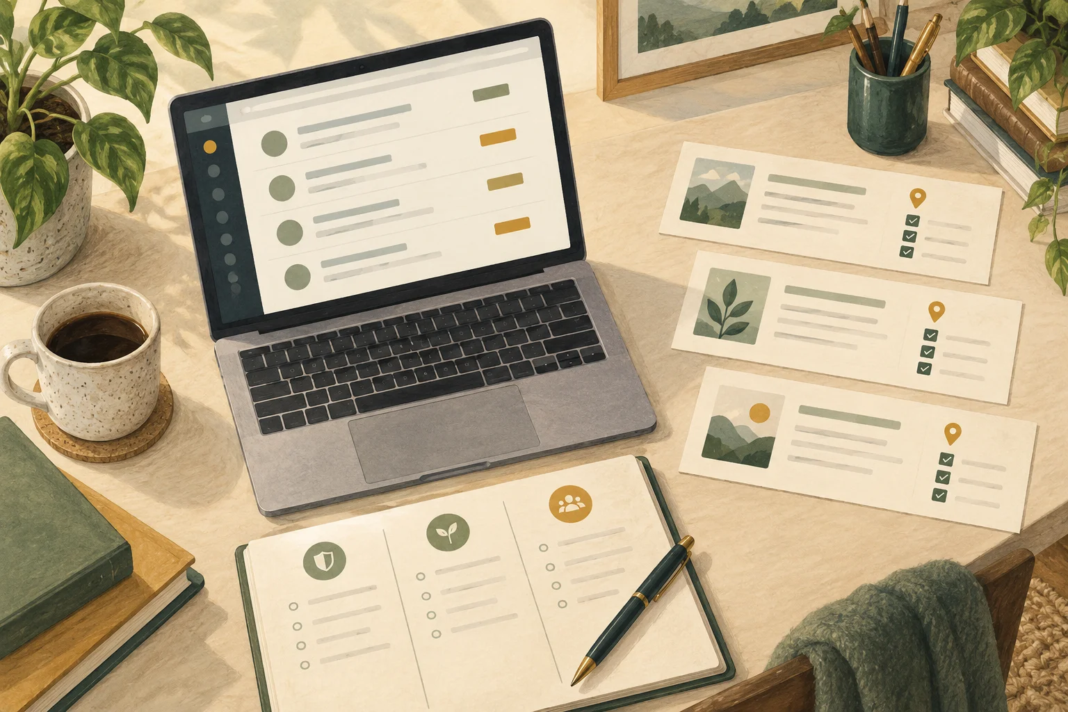 Illustrated home-office desk with a laptop, three job cards and a shortlist notebook.