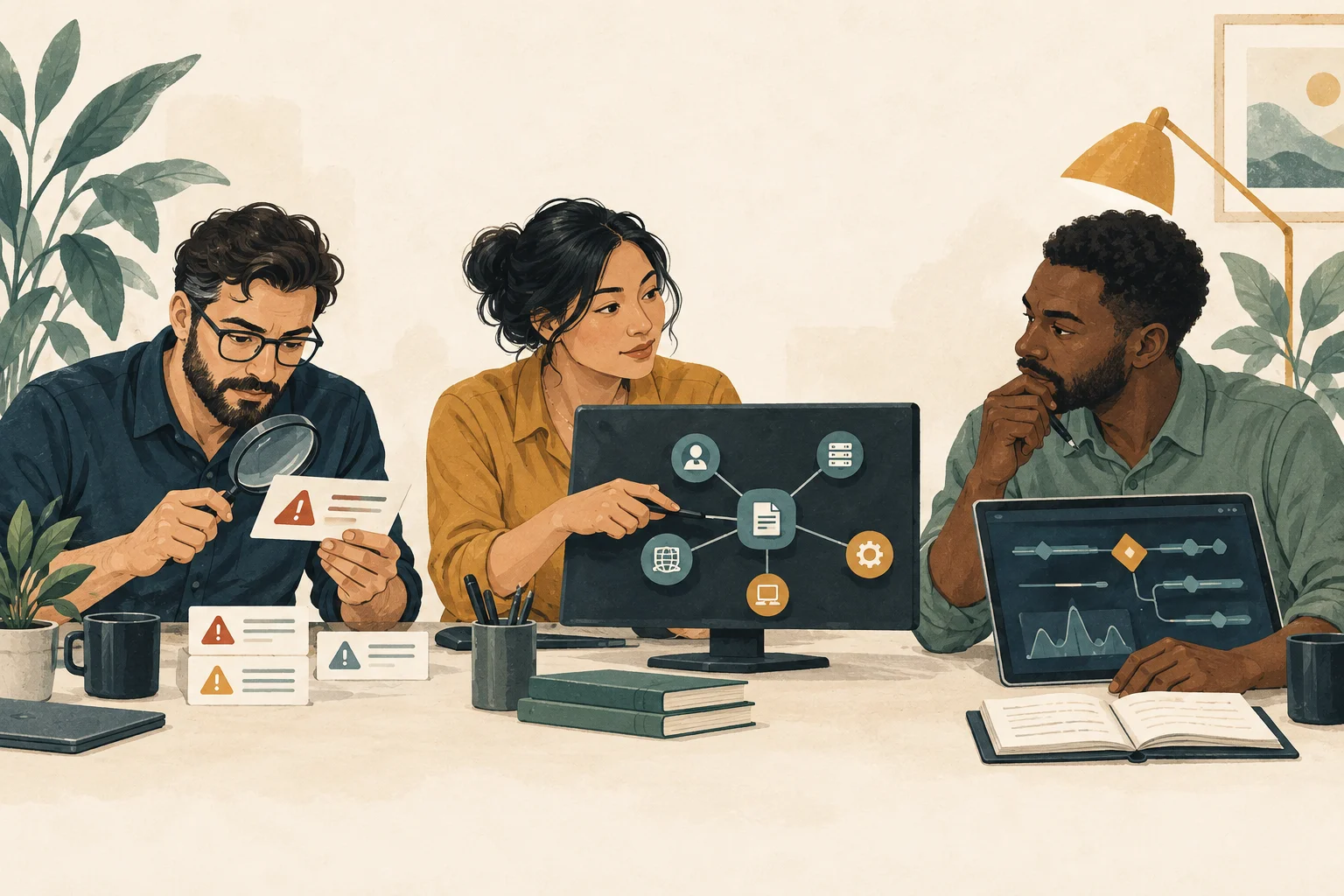 Illustration of three security analysts collaborating on alert review, evidence and detection work.