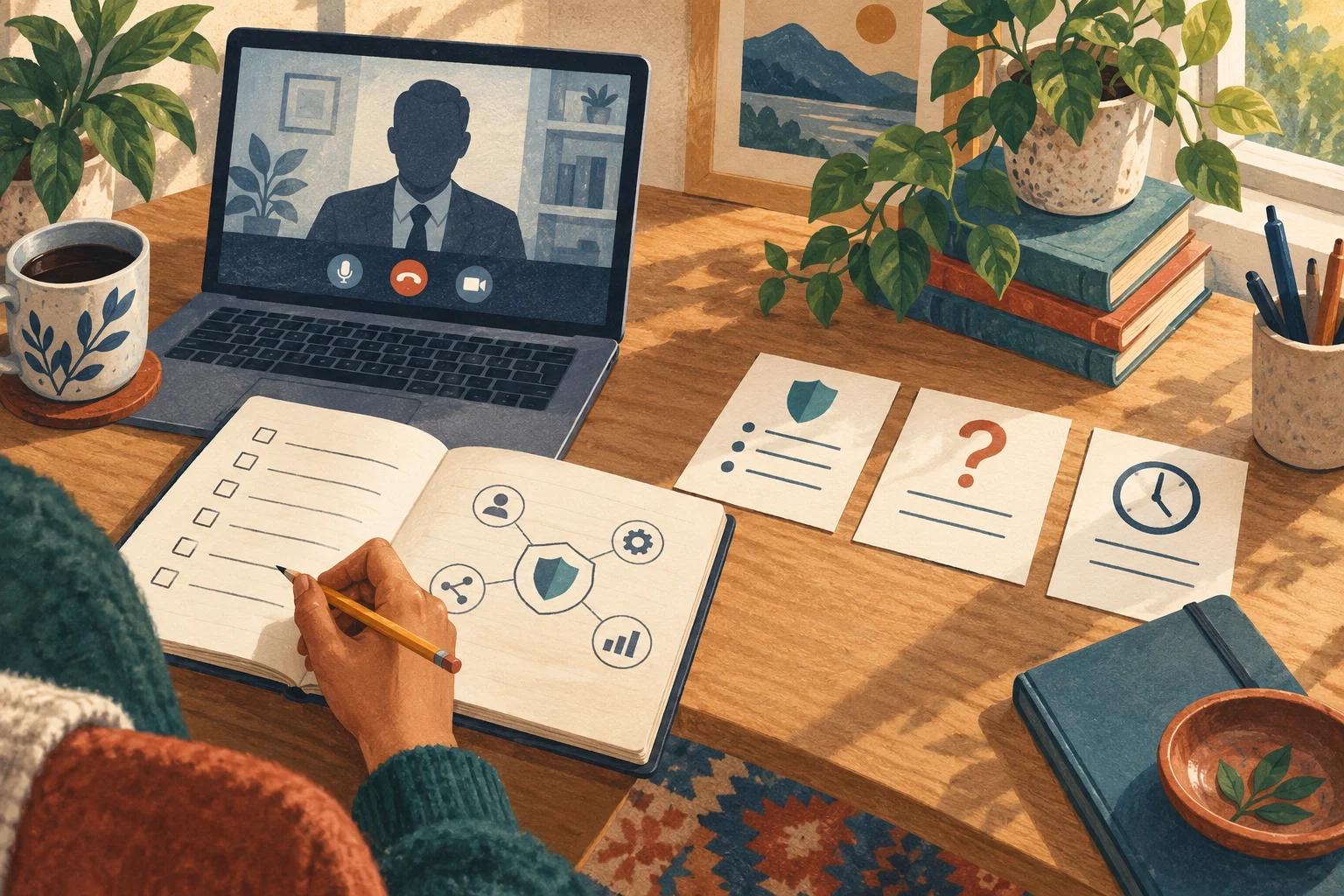 An illustrated desk with interview notes, practice cards and a laptop showing a video conversation.