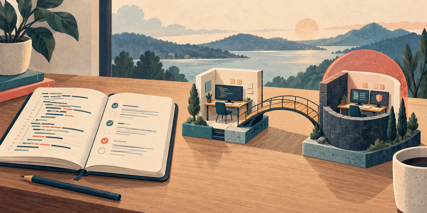 Illustrated code-review notebook beside two model workspaces joined by a bridge, one protected by a boundary.