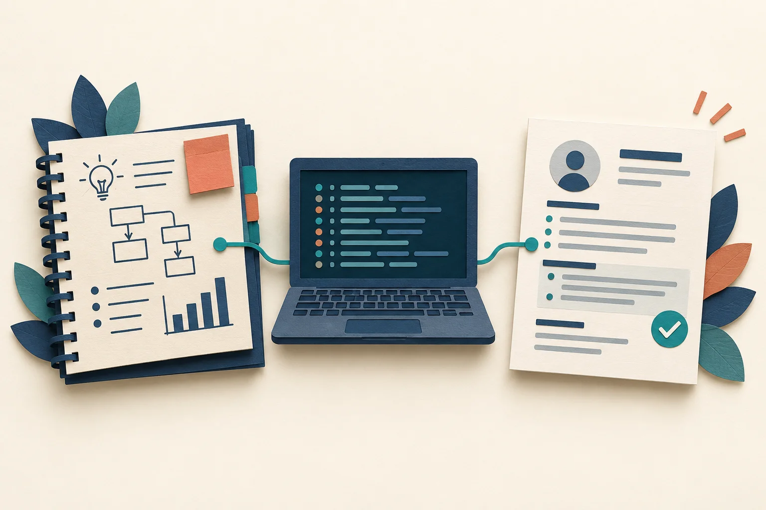 Paper-cut illustration of a project notebook and laptop connected to a resume.