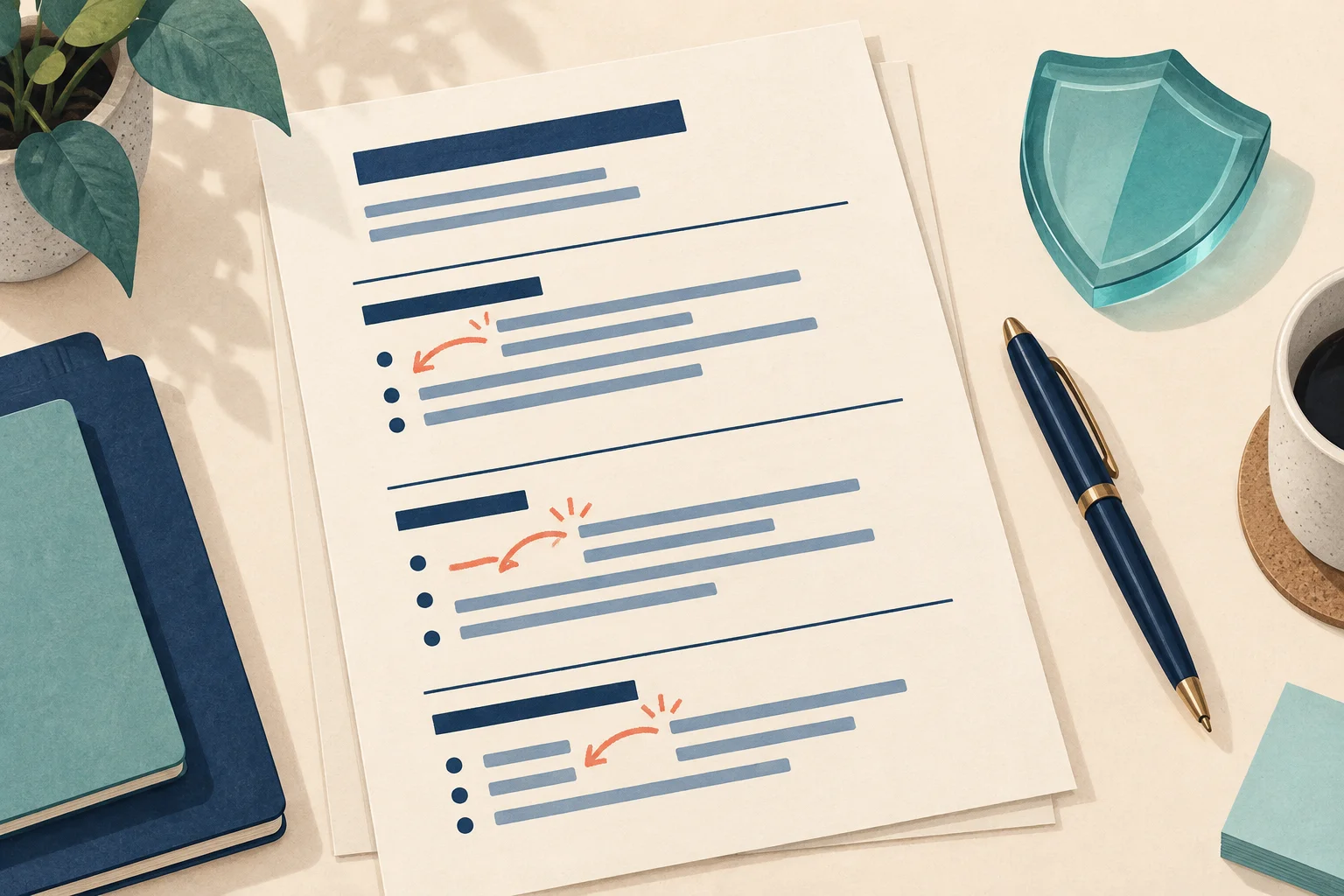 Illustration of a resume with annotated bullet points, a pen and a teal shield.