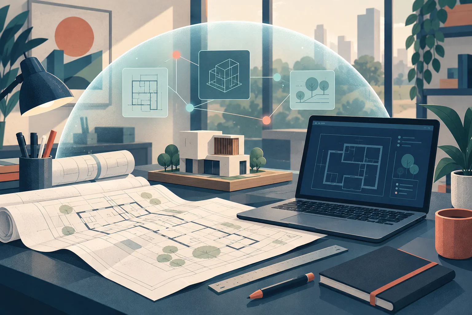 Illustration of paper architectural plans, a building model and a laptop beneath a translucent protective dome