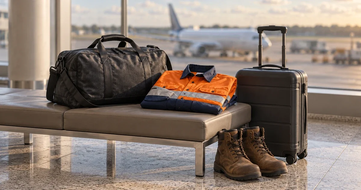 Travel luggage, a folded orange-and-navy high-visibility shirt and brown work boots beside an airport window.
