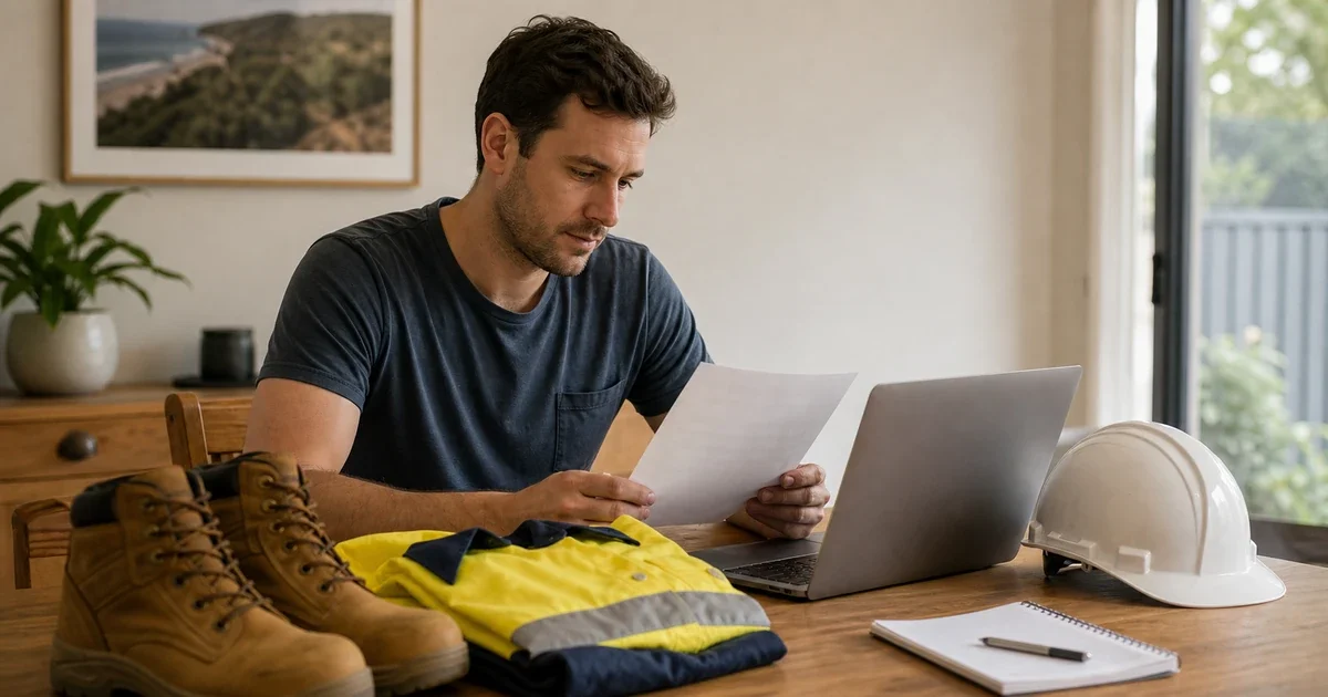 Job seeker reviews application notes beside high-visibility workwear and safety gear