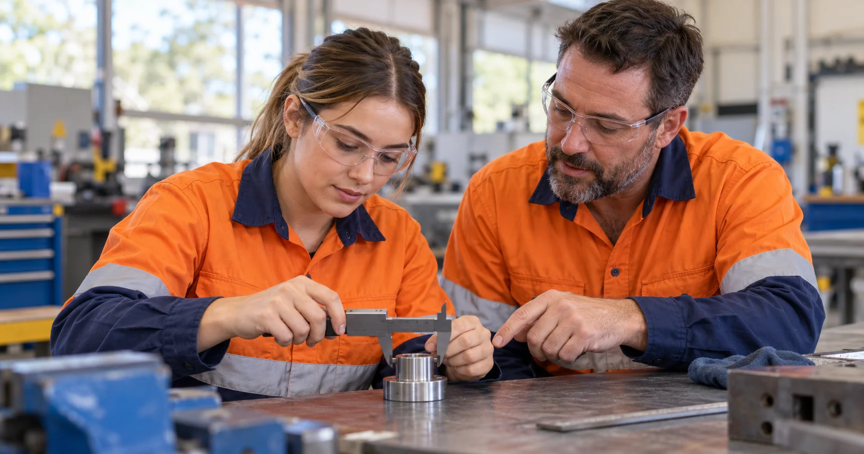 Two people in safety glasses and orange workwear use a caliper to measure a metal component at a training bench.