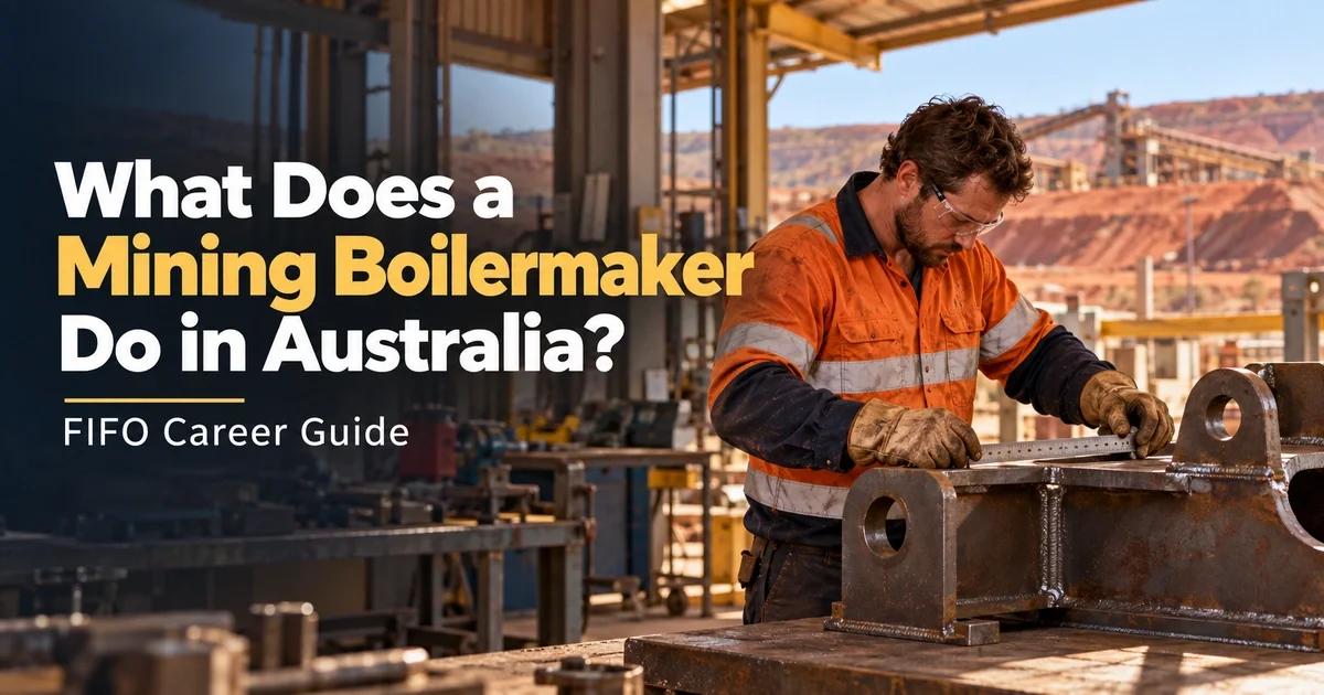 Boilermaker in high-visibility workwear, safety glasses and gloves checking a steel component on a workshop bench; white and gold career-guide headline.