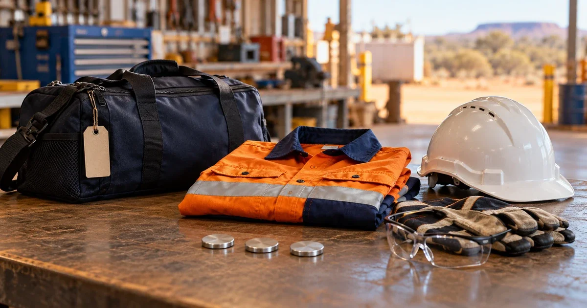 Unbranded FIFO work gear arranged on a workshop bench for comparing pay packages