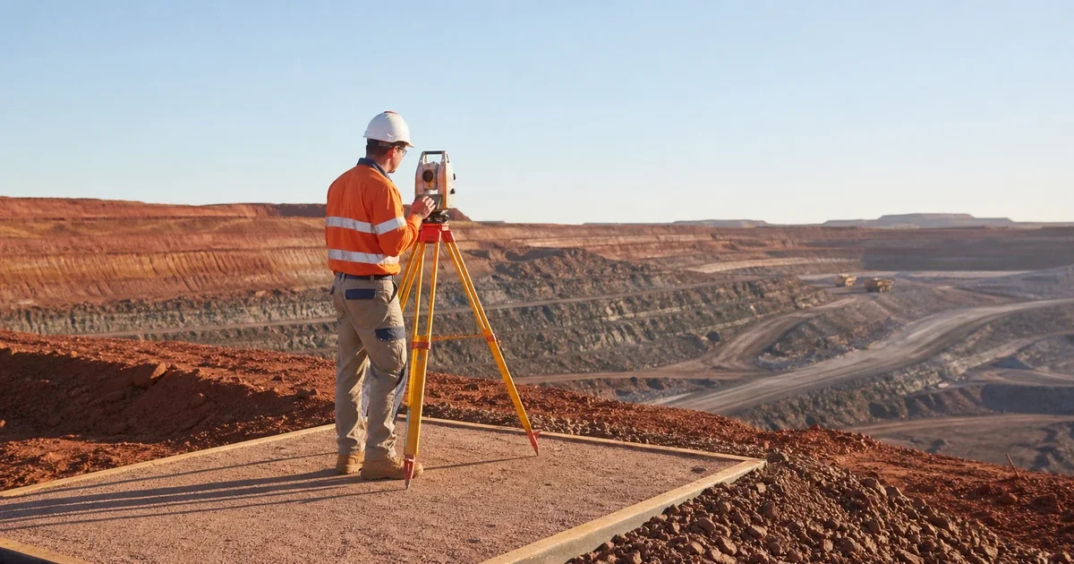 Mining surveyor using a total station on a designated pad overlooking an open-cut mine