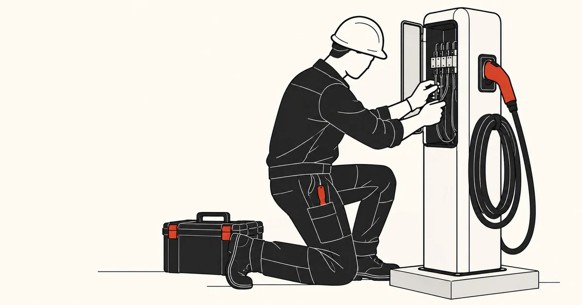 Laadpaalmonteur controleert de elektrische aansluiting van een laadpunt