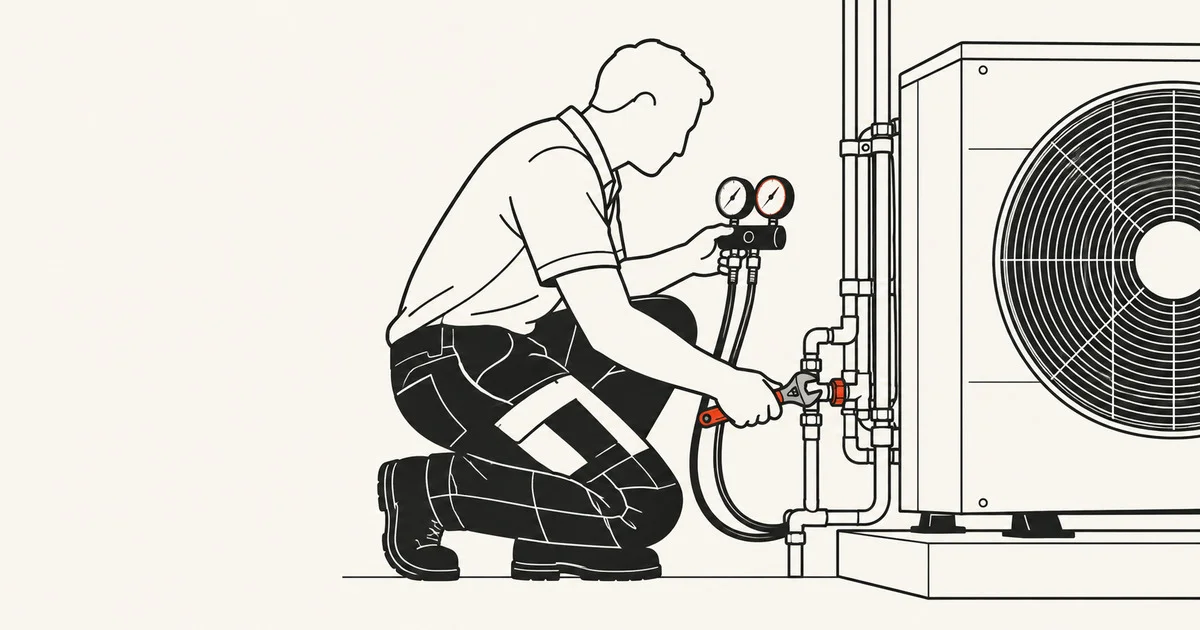 Warmtepompmonteur controleert leidingen en meetapparatuur bij een buitenunit