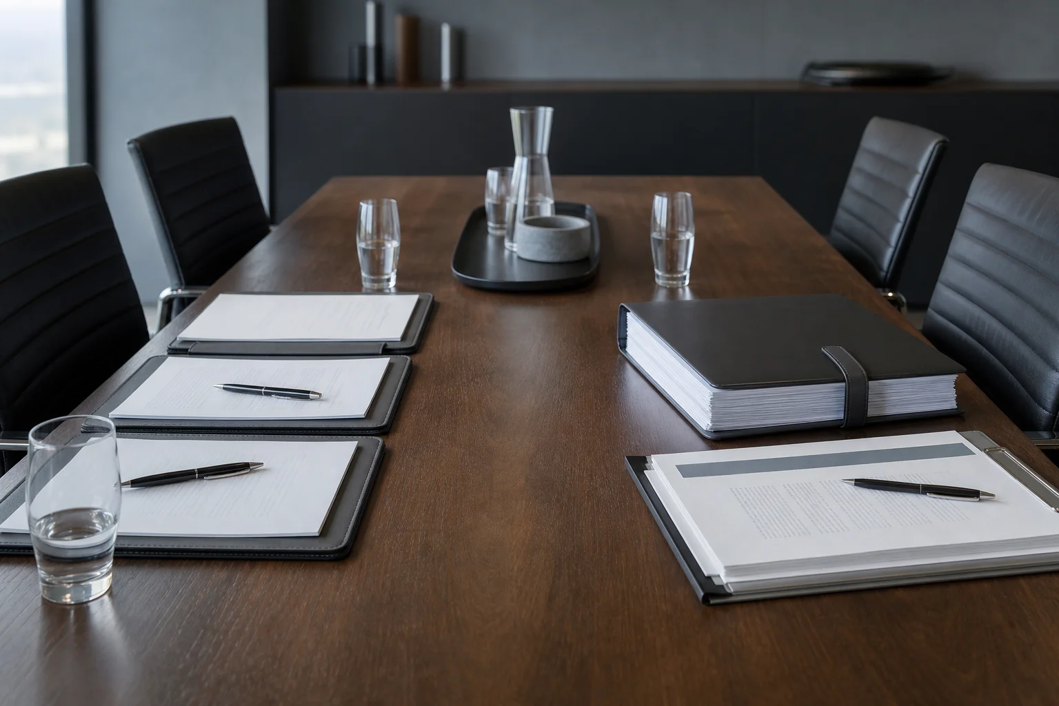 Management buyout closing table with equity folders and capital binders