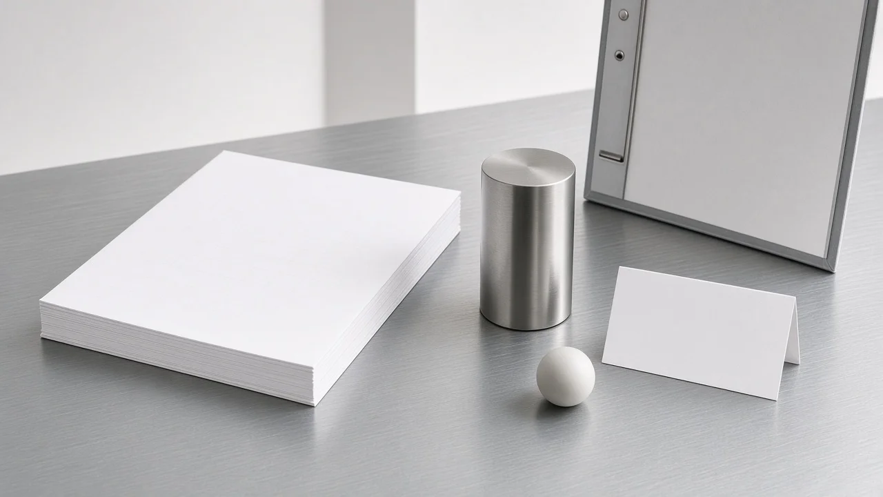 Zinc editorial still life of a blank paper stack beside a metal cylinder, folded card, sphere, and clipboard on a brushed metal desk