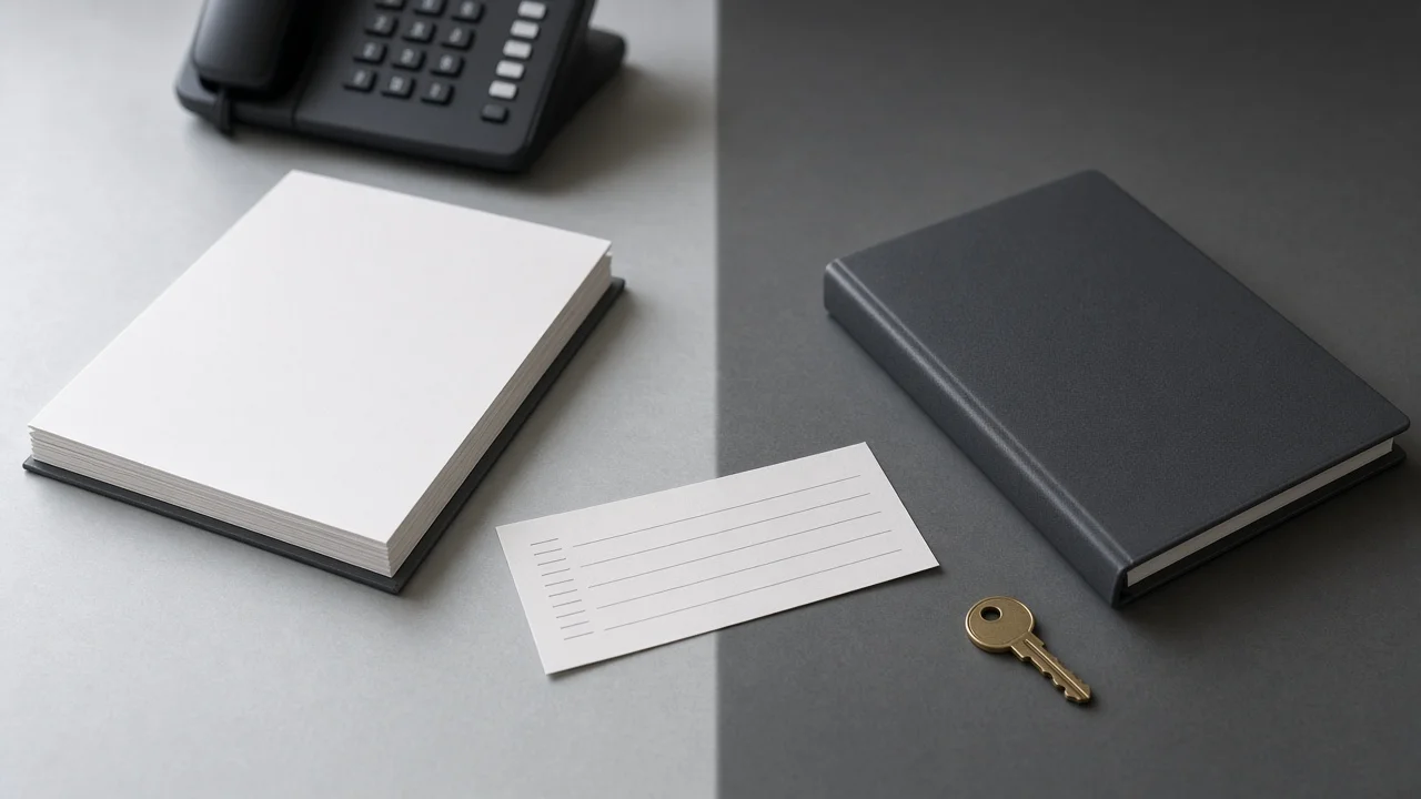 A bank pitch book and a fund binder on either side of a desk, representing the sell side and the buy side of finance.