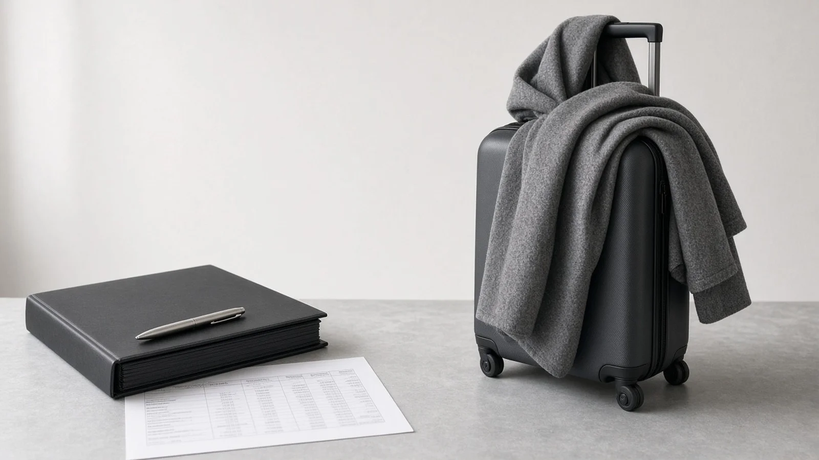 A closed black presentation book and a printed spreadsheet on one side of a pale desk, a carry-on suitcase with a coat draped over it on the other