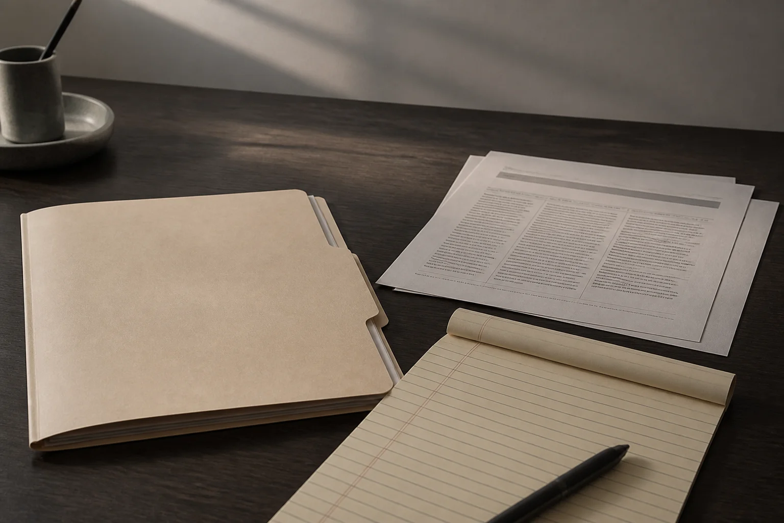 Zinc editorial still life of a closed deal folder, a notepad, and a printed term sheet, no type on the cover