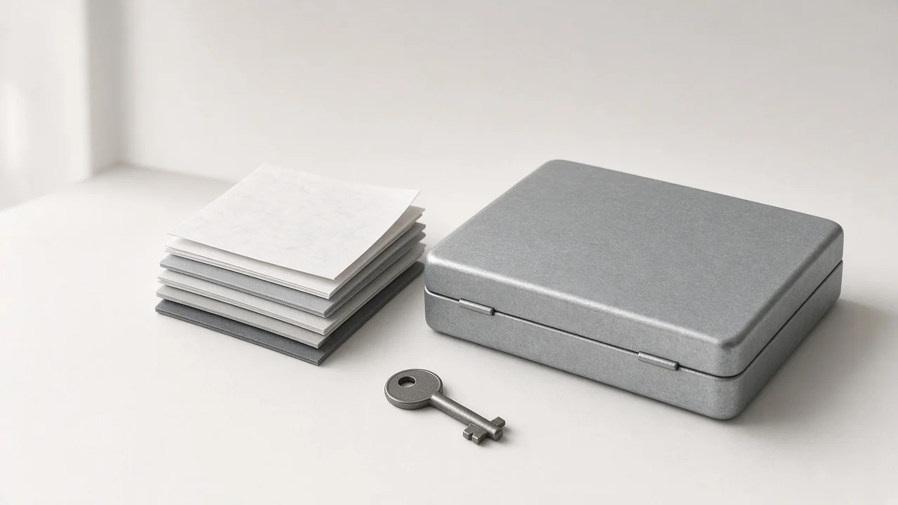 Zinc editorial still life of a closed metal box beside a stacked paper waterfall and a key