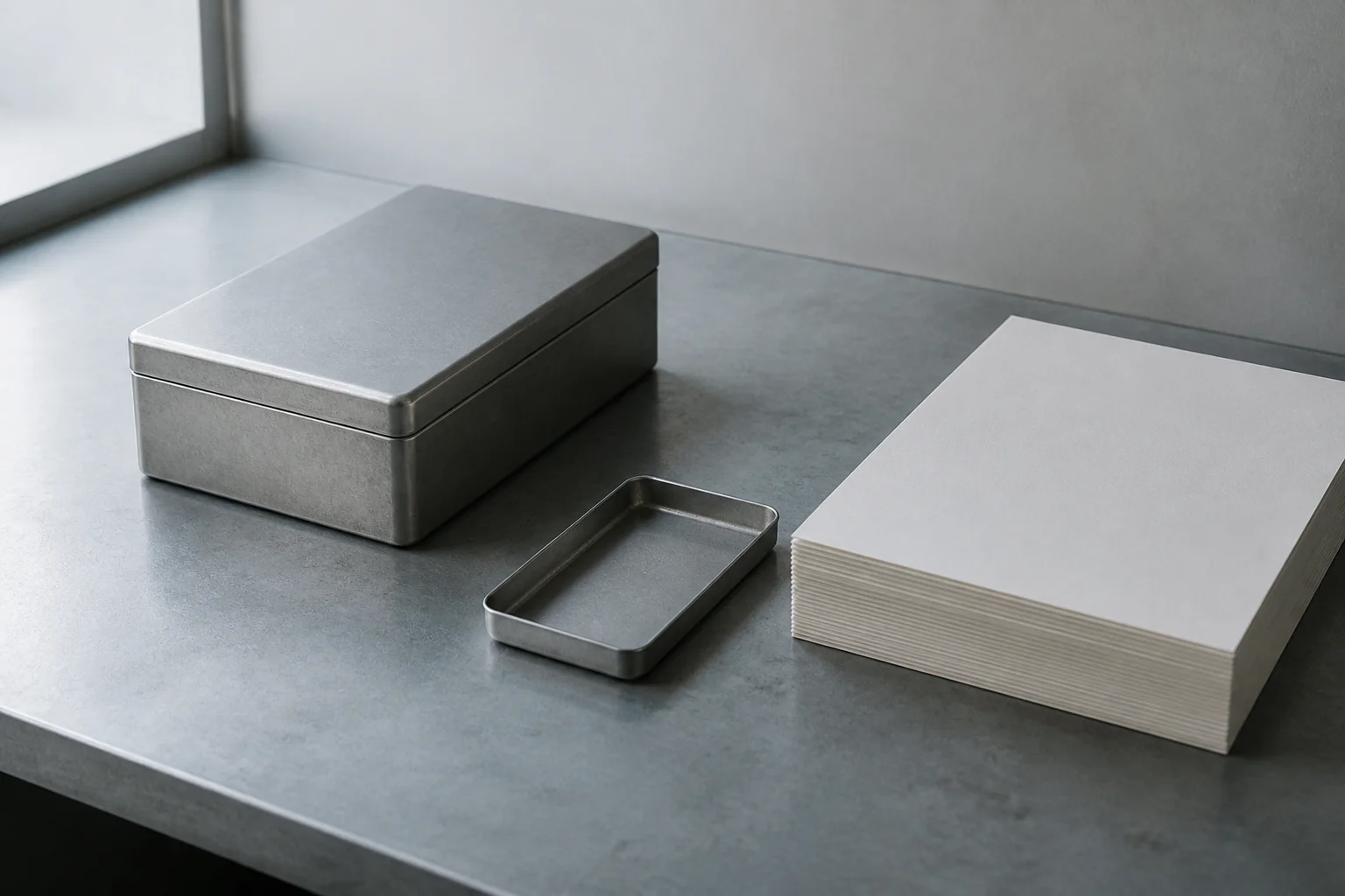 A closed metal box beside a stack of paper on a zinc desk