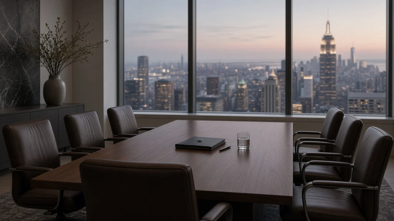 A small, quiet boardroom with a single folder on a long table, the setting where an independent adviser meets a company's board.
