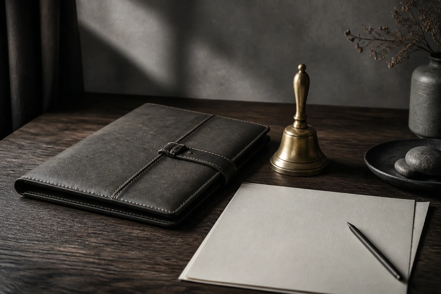 A closed deal folder, printed merger papers, and a pen arranged for a going-private close