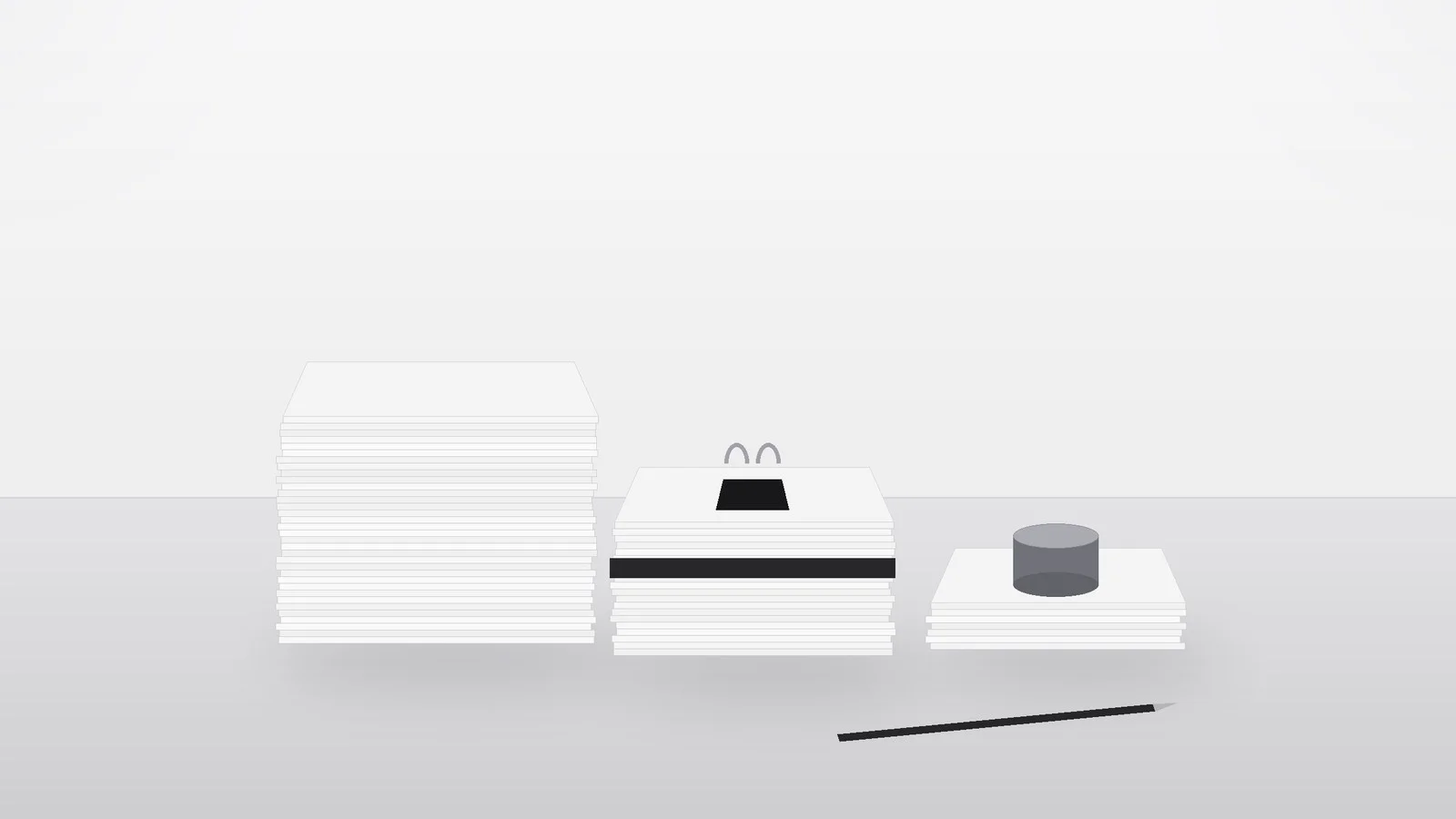 Three stacks of paper on a pale desk, the middle stack bound with a dark band and clip, beside a steel weight and a pen