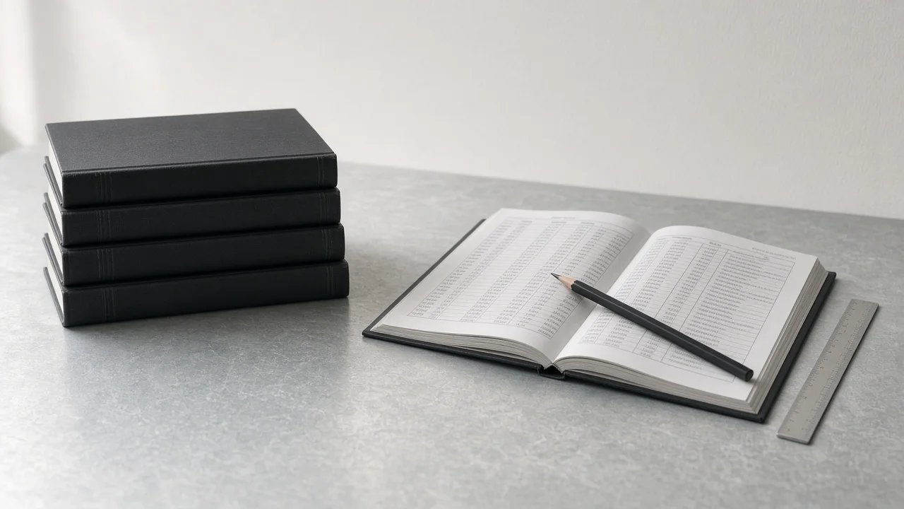 A stack of four black bound books on the left of a grey desk and an open ledger of printed figures with a pencil and a steel ruler on the right