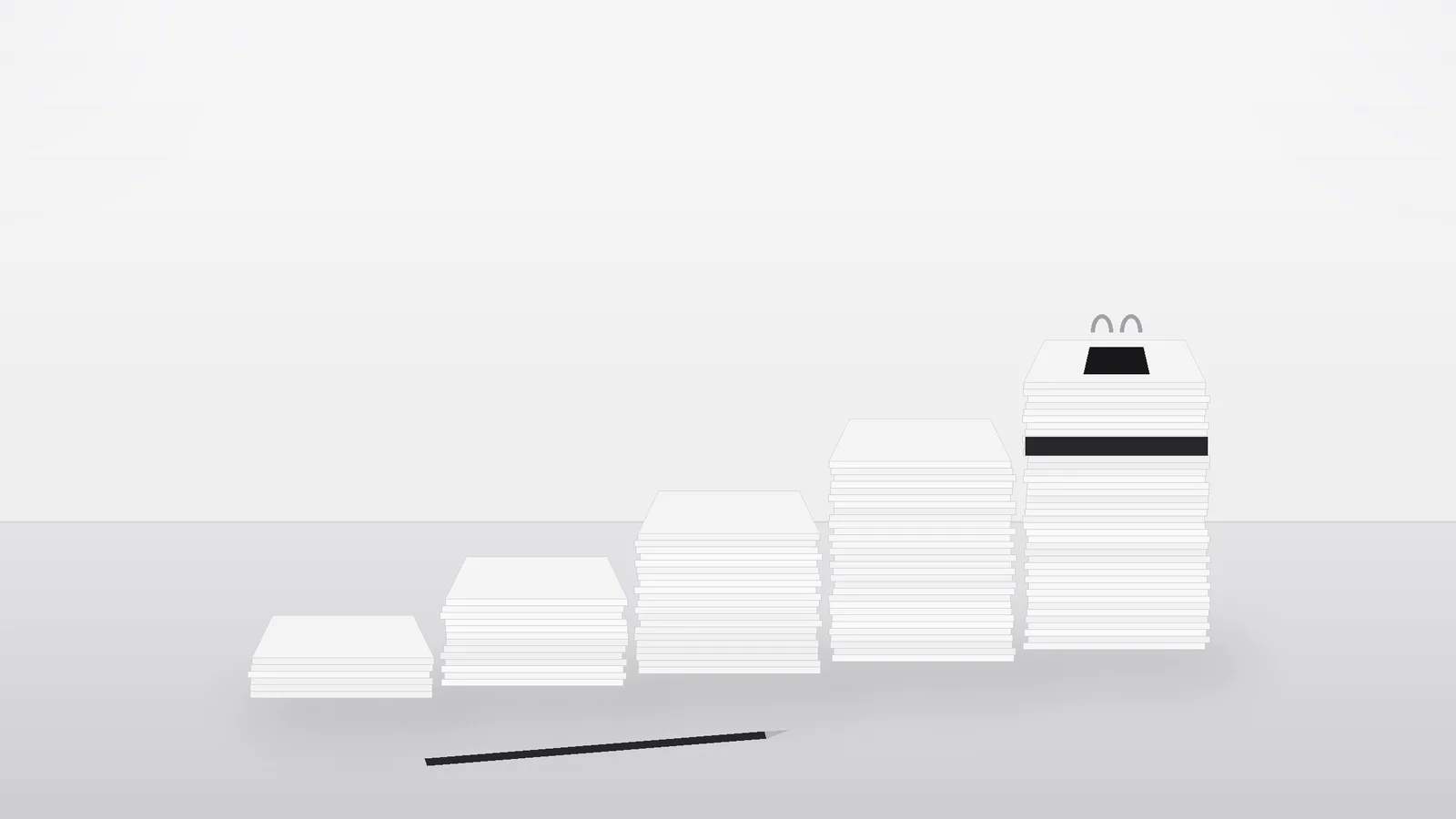 Five stacks of paper rising from left to right on a pale desk, the tallest bound with a dark band and a binder clip, beside a pen