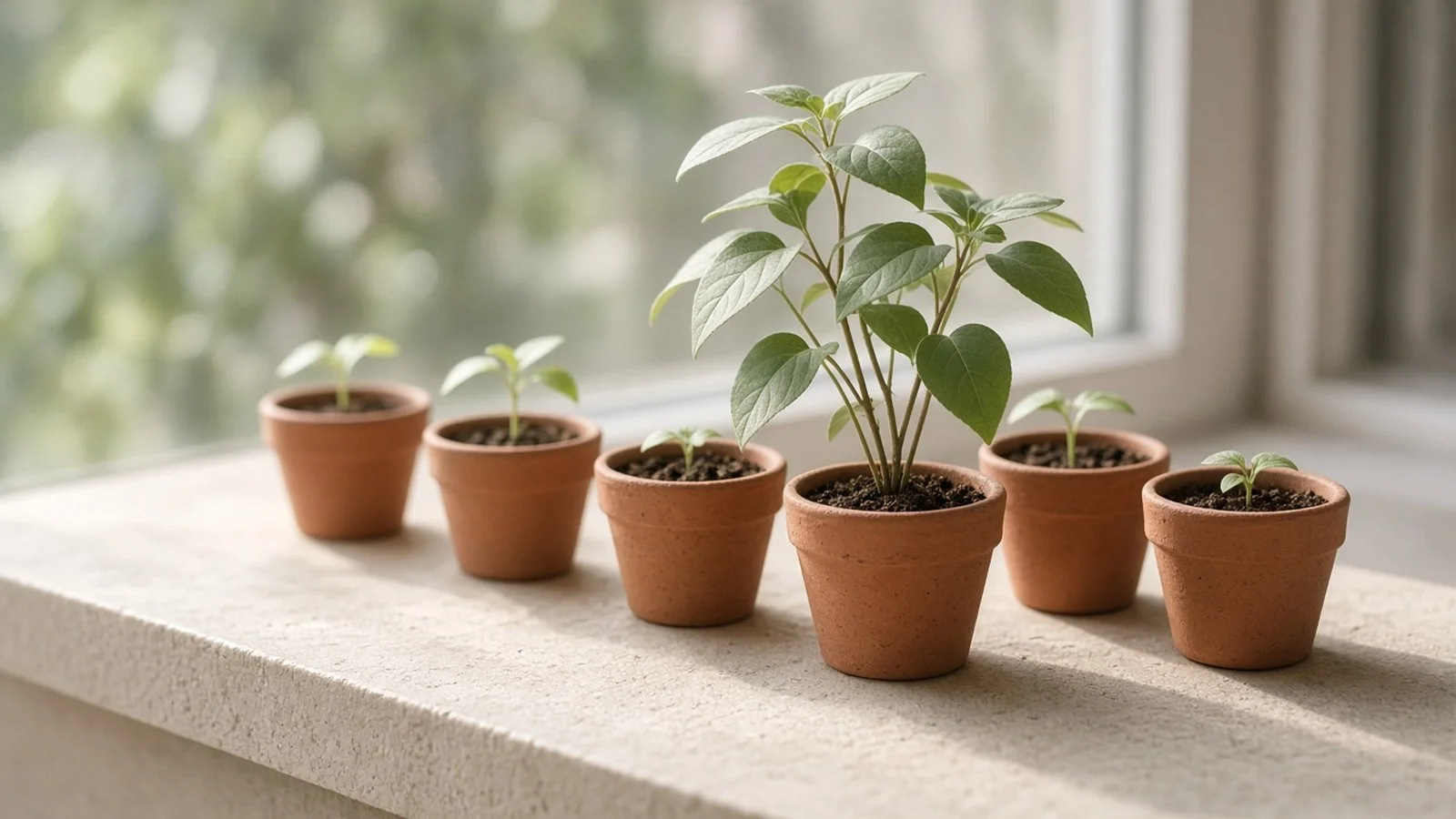 Row of terracotta seedling pots on a stone windowsill, one holding a tall leafy plant