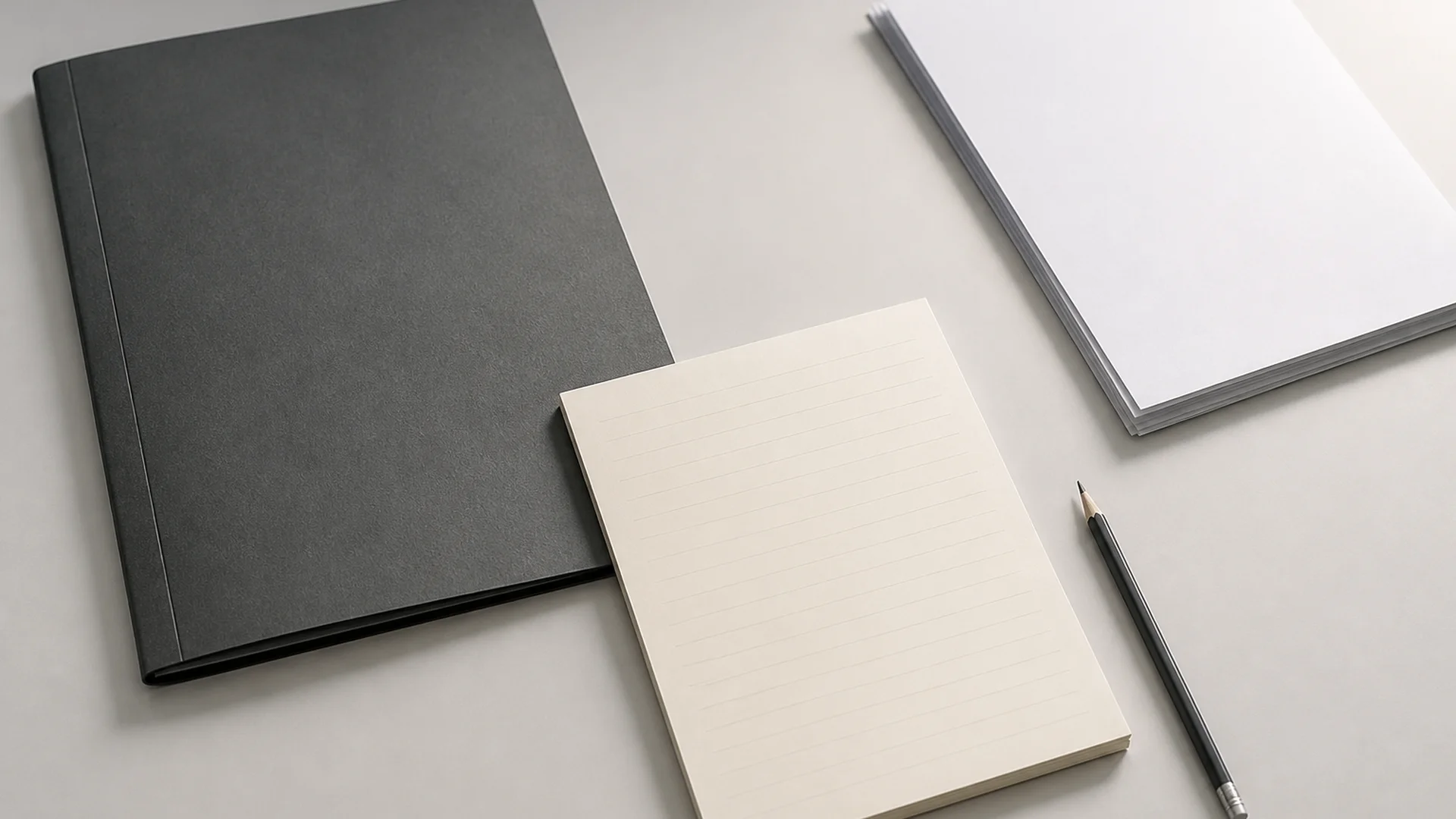 Zinc editorial still life of an interview folder, a notepad, and a pencil
