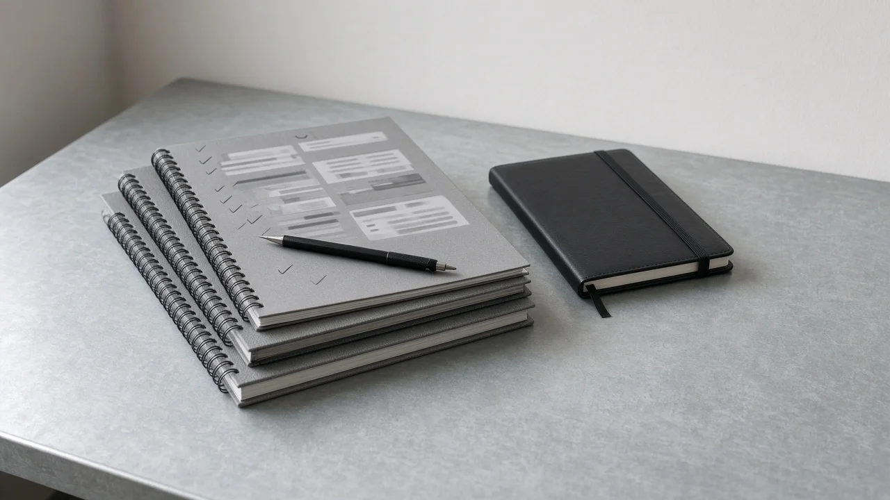 A stack of gray spiral-bound notebooks with blurred charts and check marks on the top cover, a black pen, and a black notebook on a pale gray desk