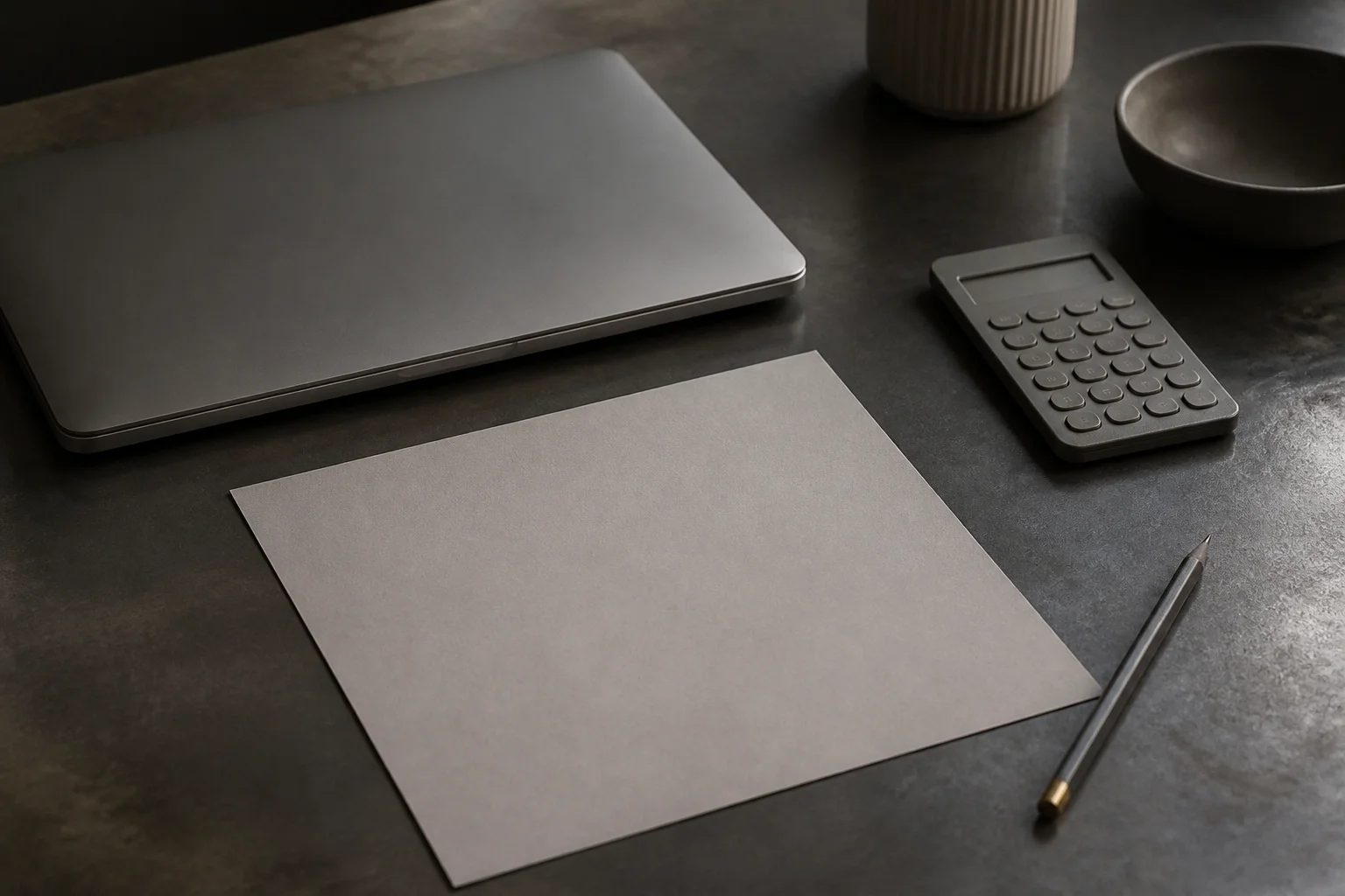 A laptop, printed deal prompt, pencil, and calculator arranged for a timed LBO modeling test.