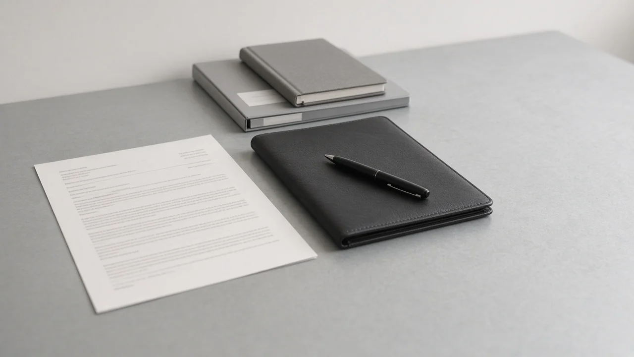 A blurred one-page resume beside a closed black portfolio folder and pen on a pale gray desk