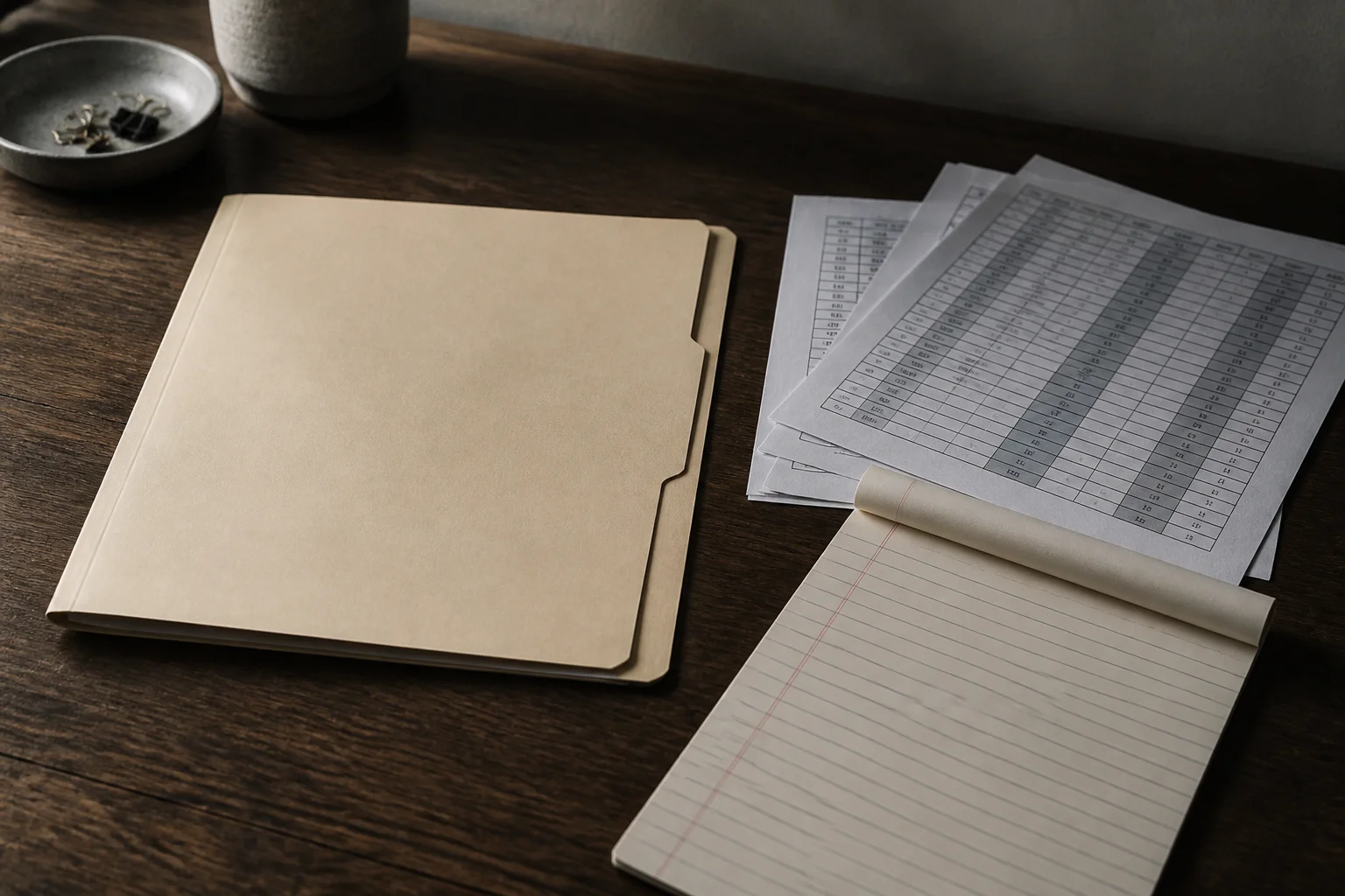 Zinc editorial still life of a closed deal folder, a notepad, and a printed model