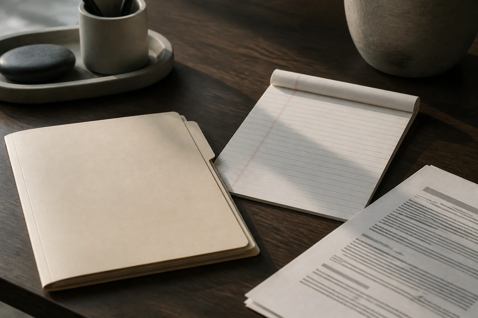 Zinc editorial still life of a closed deal folder, a board pack, and a printed origination note, no type on the cover