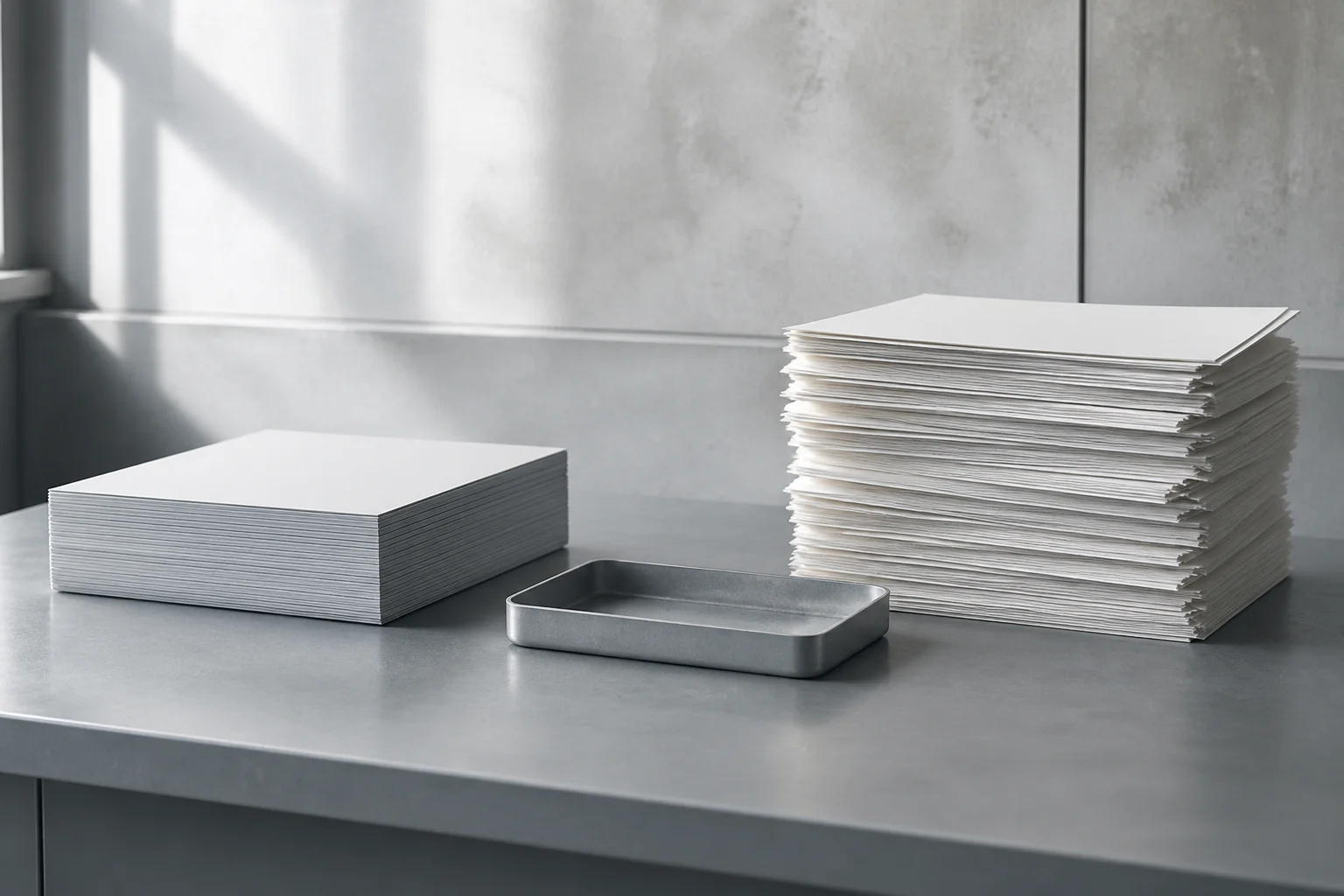 Two stacks of unprinted paper on a zinc desk