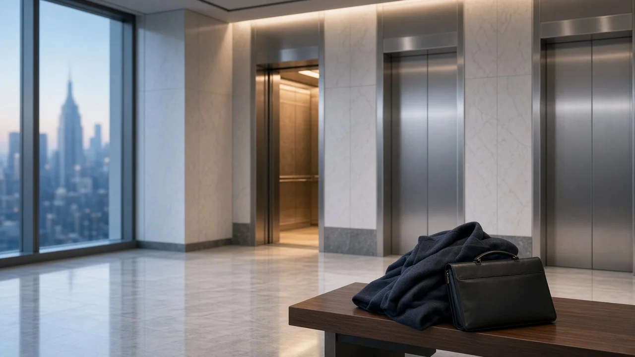 An empty office-tower elevator lobby at dawn, with a briefcase and overcoat on a bench and one elevator door open.