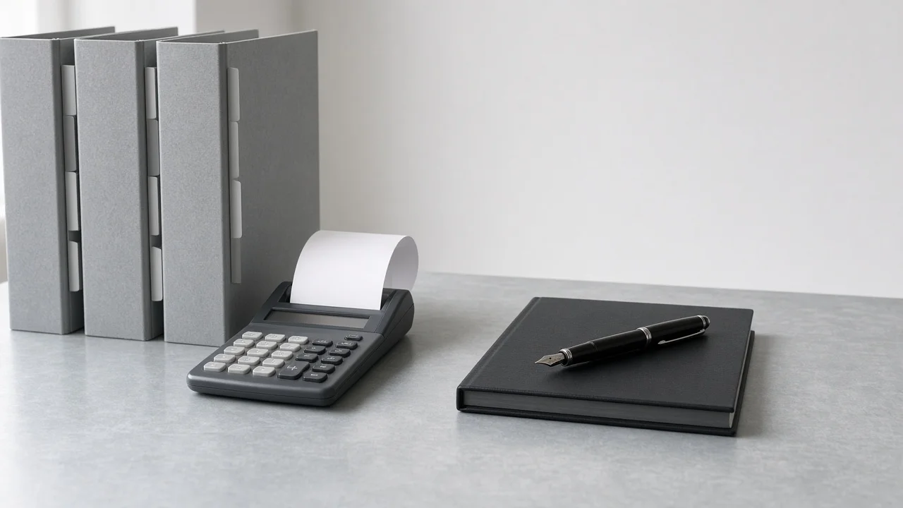 Three gray ring binders and a printing calculator on the left of a gray desk and a closed black presentation book with a fountain pen on the right