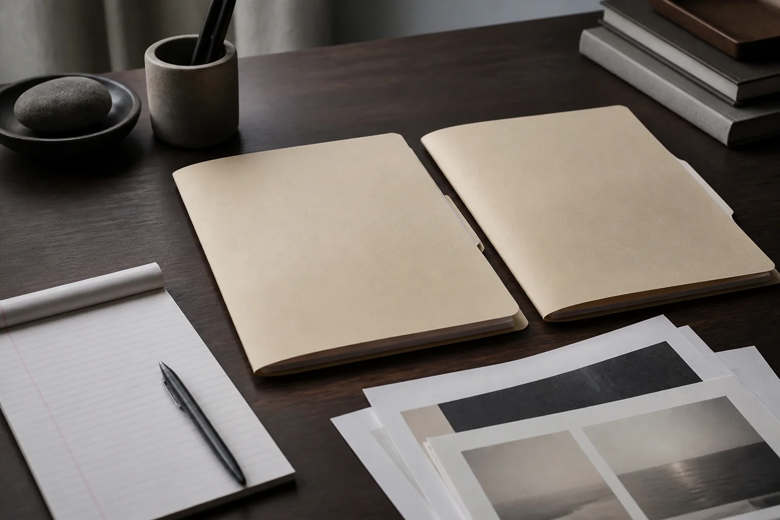 Zinc editorial still life of two closed folders on a dark wood desk, no type on the cover