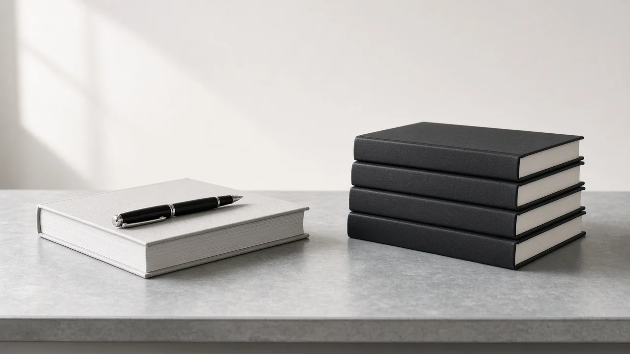 A pale gray bound loan agreement with a black pen on one side of a gray stone desk and a stack of four black pitch books on the other