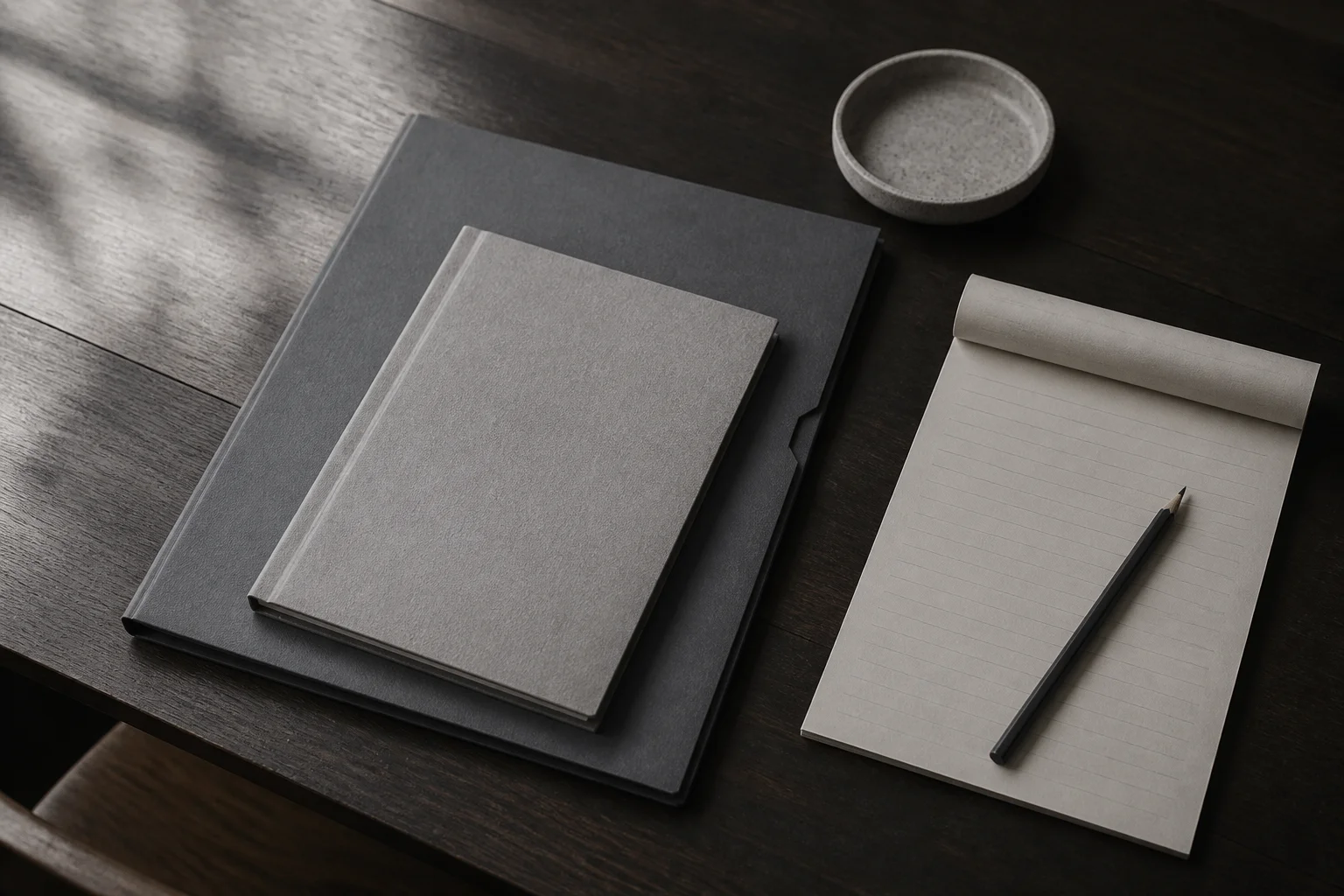 Zinc editorial still life contrasting a stack of folders with a single closed box