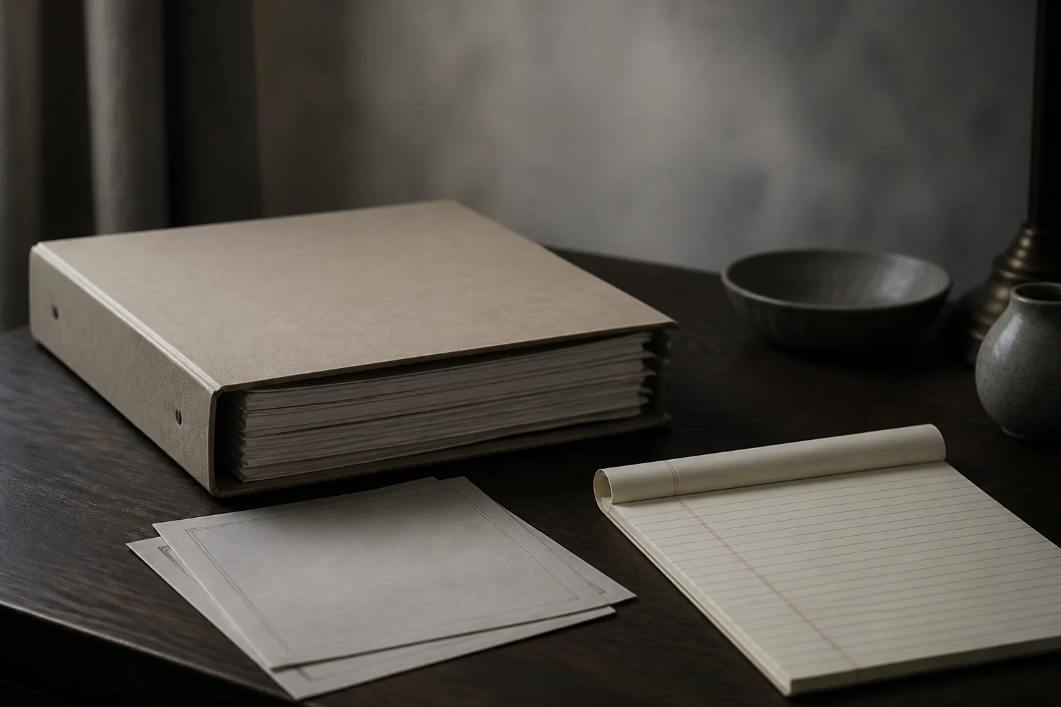 Zinc editorial still life of a closed spiral-bound deal book, a signed NDA page, and a pencil, no type on the cover