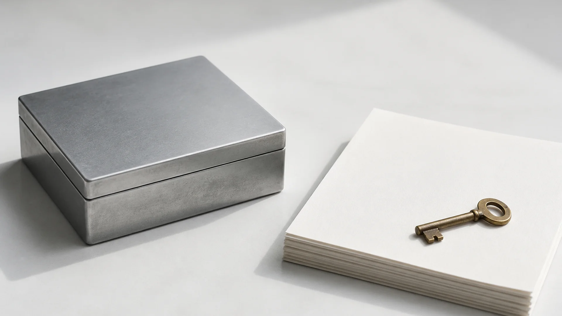 Zinc editorial still life of a closed metal box beside a stack of paper and a key
