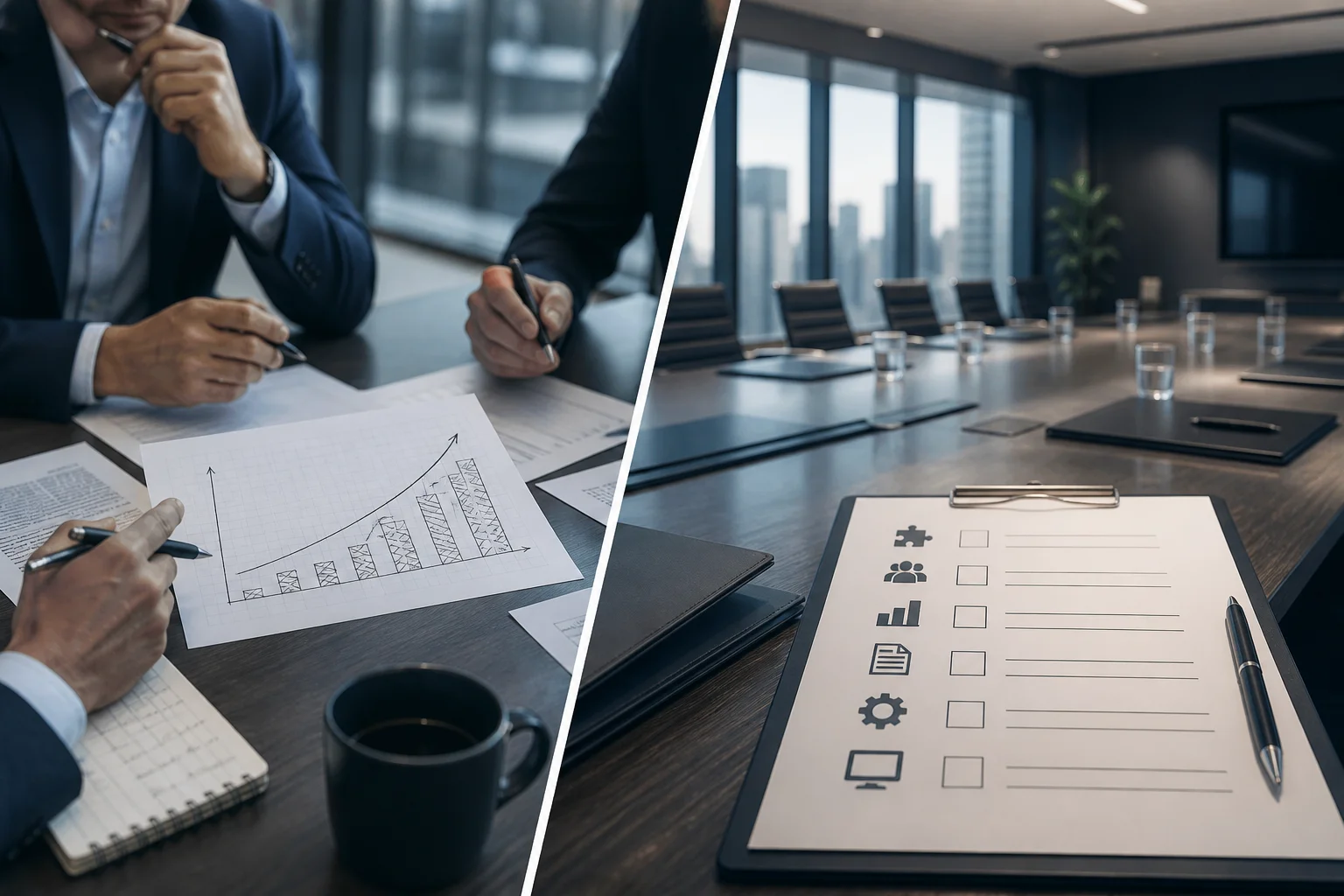 Illustration comparing a private equity deal team and a corporate development acquisition meeting.